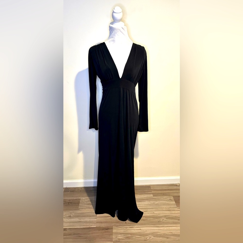 Veronique long classic black dresse, plunging neckline and slits on side. Size L